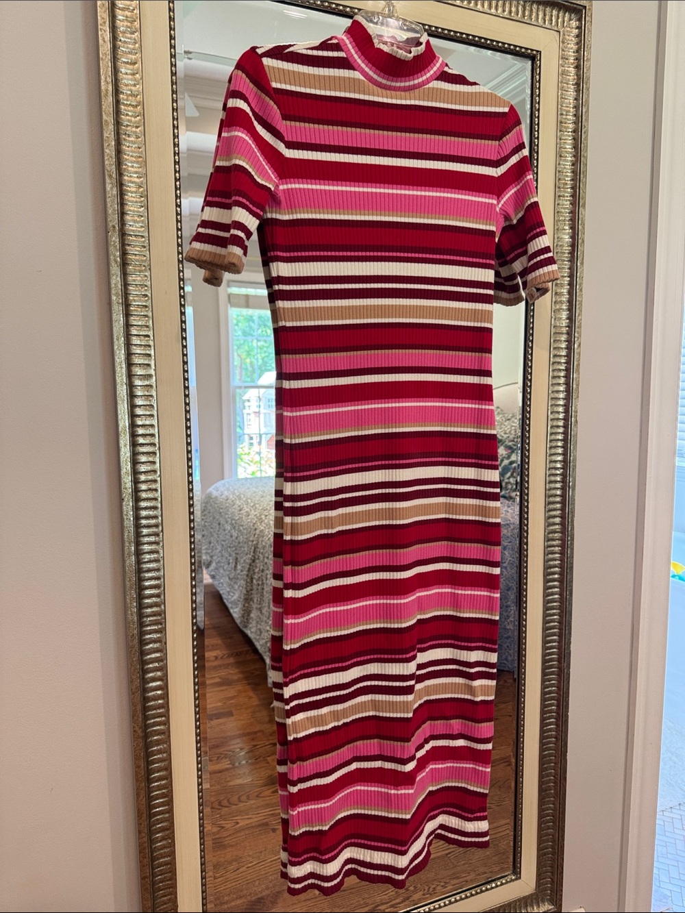 Vineyard Vines Striped Pink and Brown Ribbed Knit Midi Dress
